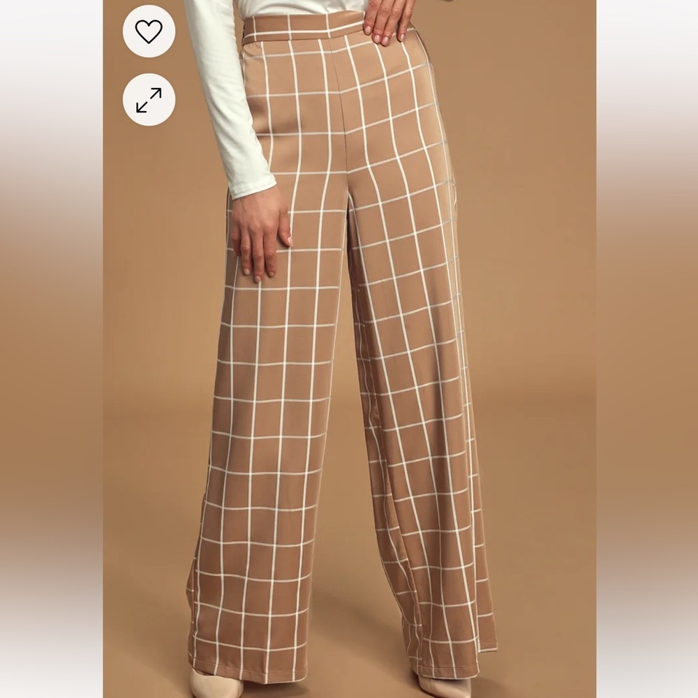 Beige Grid Print High-Waisted Trouser Pants